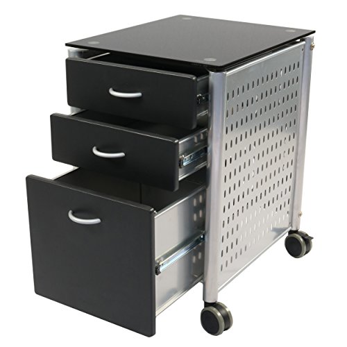 Innovex Archive mobile glass top metal filing cabinet with 3 storage drawers and locking caster wheels, black