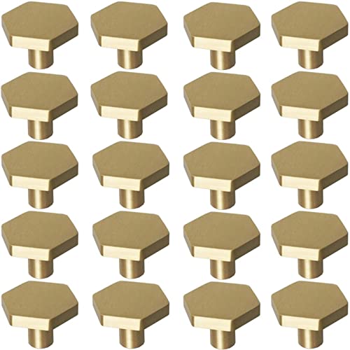 RZDEAL 1-1/10\" Solid Brass Knobs Shoe Cabinets Knob and Pulls Brushed Gold Hexagon Handles for Dresser Drawer (20Pcs)