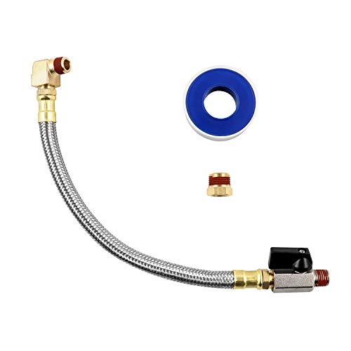 QWORK Extended Tank Drain Valve Assembly Kit for Air Compressor, Including 10 Inches Air Compressor Tank Drain Hose 1/4 inch NPT, 1/4' to 3/8' Brass Adapter and Thread Seal Tape