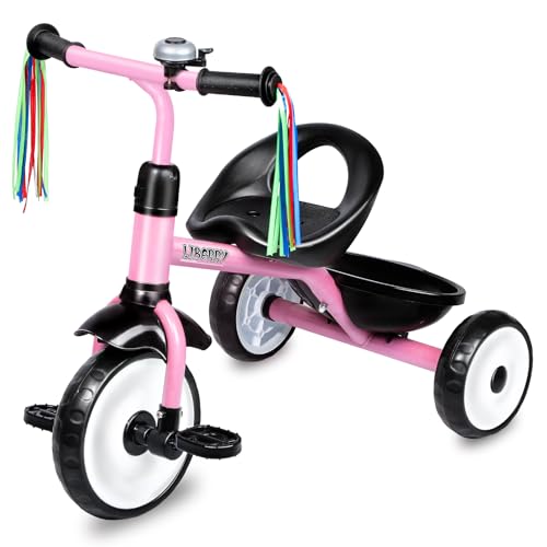 Image of Liberry Toddler Tricycle Age 2 3 4 Years Old, Kids Trike with Bell, Back Basket and Removable Pedal, 3 Wheel Bike Riding Toy Gift for Girls, Light Pink