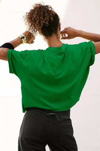 Image of HUGOOME Womens Oversized Workout Crop Top Casual Short Sleeve Boxy Roll Hem | Basic Half Split Sleeve Drop Shoulder Loose Yoga Running Gym Tee Cropped T-shirt Solid Trendy Relaxed Daily Tee