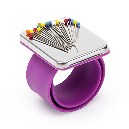 Magnetic Wrist Sewing Portable Arm Pin Cushion Magnetic Pincushion with Wristband for Sewing Collection Hair Stylists and Quilting (Purple)