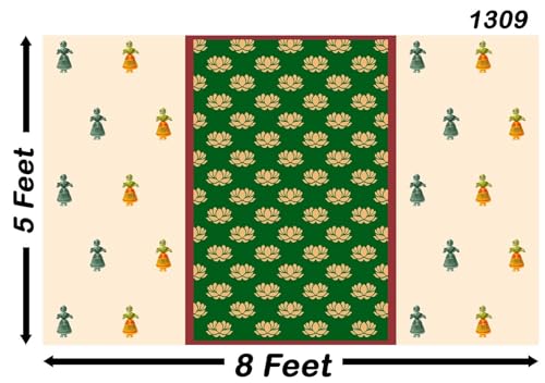 Image of Backdropon Lotus in Green Background Design Backdrop Cloth for Pooja Decoration Traditional Background Curtain Cloth for Festival Size 5 Feet Height and 8 Feet Width(5 * 8)