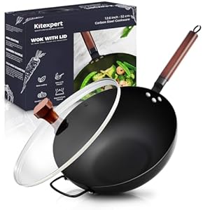 KITEXPERT Carbon Steel Wok Pan With Lid – 13” Wok & Stir Fry Pans Nonstick with Wooden Handle – No Chemical Coated Chinese Wok with Flat Bottom for Induction, Electric, Gas, Halogen, All Stoves