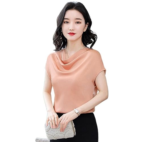 T-shirt en satin pour femme top rose chic à manches courtes et col roulé