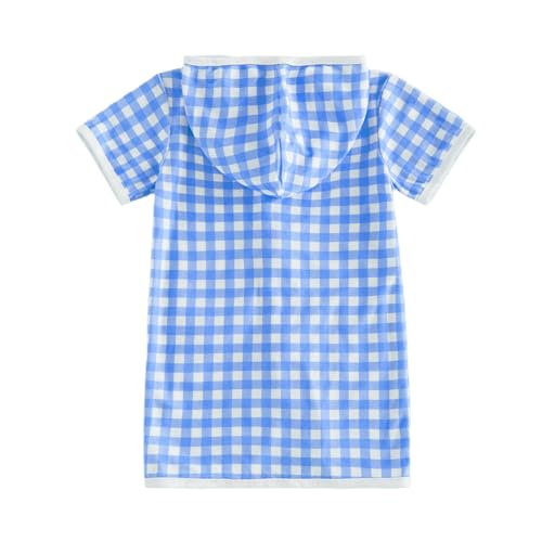 Image of Girls Boys Hooded Terry Coverups One Piece Swimsuits Summer Striped Trim Zip Up Short Sleeve Swim Cover Up Beachwear