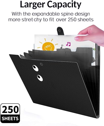 Image of NISUN 5 Pocket Expanding File Folder, Letter Size, Black | Fun Sticky Labels, Accordion File Organizer, Portable, For School & Office