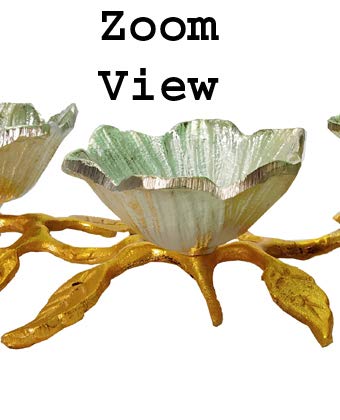 Image of Flower Shape Decorative Serving Bowls on Leaves Stand, 3 Bowls | Dry Fruits Serving Bowls | Tableware | Centerpiece | Gifting (Color- Gold & German Silver)