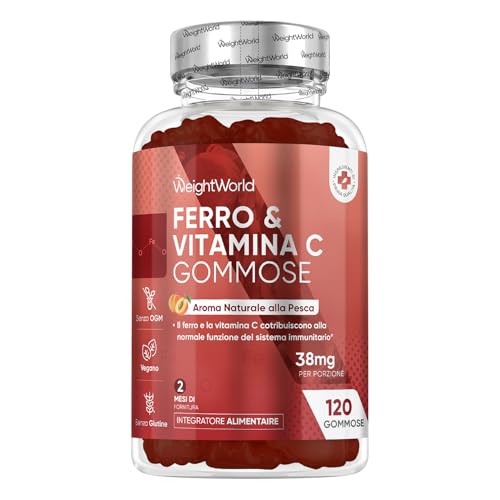 Integratore Ferro e Vitamina C in 120 Caramelle Gommose Vegane (Scorta 2 Mesi), 38mg di Ferro Integratore (Fumarato Ferroso) con Vitamina C (Acido L-Ascorbico), Gusto Naturale di Pesca, Senza Glutine