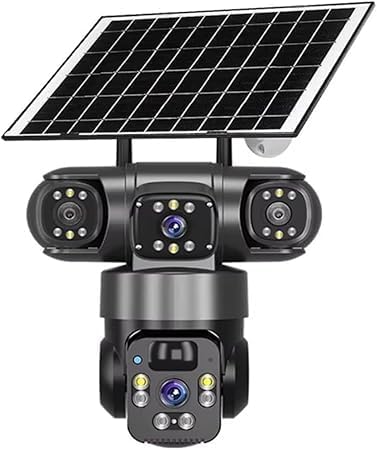 Solar Powered Outdoor Security Camera, 4 Lens, 3 Camera Screens, Colour Night Vision, AI Human Detection, IP66 Waterproof, TF Memory Card Support