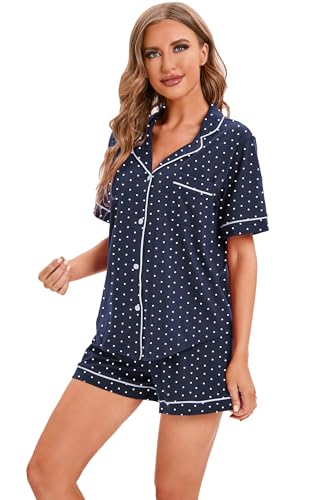 Image of LUBOT 100% Cotton Pajamas for Women 2 Piece PJ Set Button-Down Soft Knit Short Sleeve Summer Sleepwear Loungewear XS-XXL