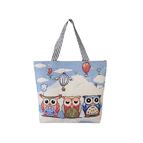 CAOCH Hot Air Balloon Owl Canvas Tote Bag for Women and Girls Large Shoulder Bag,Ecofriendly Zipper Shopping bags school bag with Zipper Interior Pocket.,White-4,32Ã—38cm