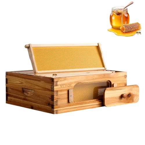 VEVOR Bienenstock-Starterset, mittlere Box, 100% mit Bienenwachs beschichtetes Tannenholz, Langstroth-Bienenstock-Set mit 10 Rahmen und Mittelwänden, transparente Bienenfenster aus Acryl