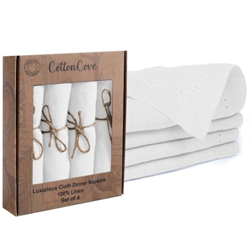 CottonCove 100% Linen Hemstitch Dinner Napkins - Soft Durable Washable - Ideal for Farmhouse Parties Wedding Holidays Christmas - Perfect Everyday Use Set of 4 Table Cloth Napkins 46x46 cm White