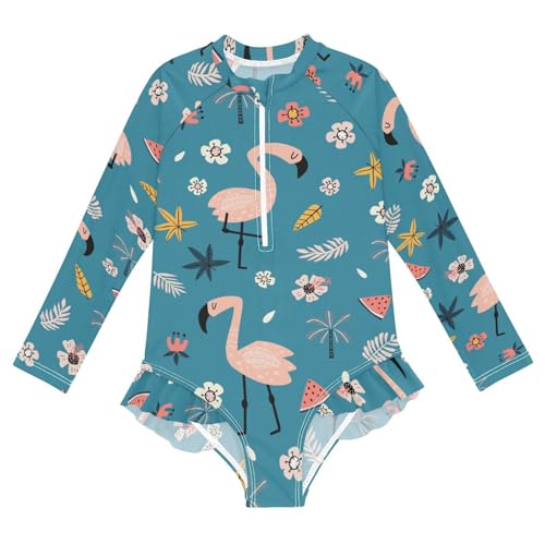 Girls Long Sleeve One Piece Swimsuits UPF 50+ Rashguard Bathing Suits Light Pink Flamingo Tropical Plant Fruit Blue