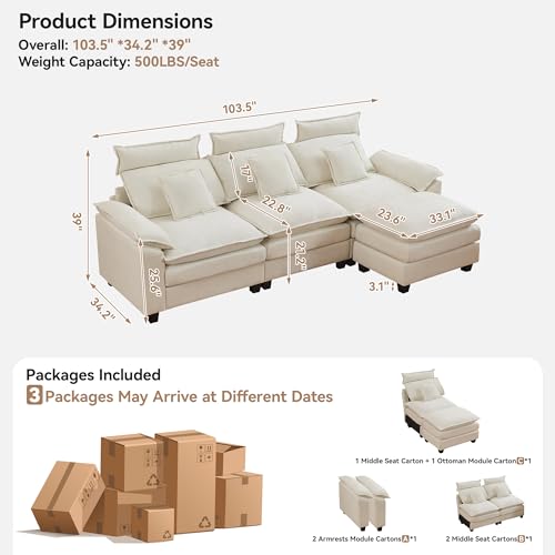 Image of 103'' Cloud Modern 3 Seater Couch with Detachable Headrest, Modular Sectional Sofa with Ottoman, Oversized L Shape Chenille Comfy Sofa with Armrests for Living Room, Beige