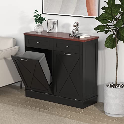 Double Tilt Out Trash Can Cabinet,Farmhouse Style Kitchen Trash Cabinet with Barn Door, Solid Wood Tabletop, Pet Proof Trash Can Odor Blocking, Wood Laundry Cabine Keep Clean