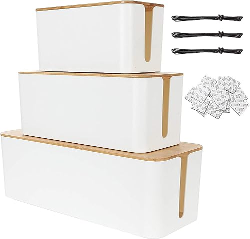 STARVAST Set di 3 scatole copricavo, scatola di immagazzinaggio cavi elettrici con coperchio in legno, scatola di copertura multipresa per protezione cavi e presa elettrica con 20 adesivi double face