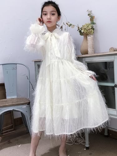 New 5-14Y [Brand Name] Girls White Feathered Dress Long Sleeve Tie Neck Boho Ethereal Party Photoshoot2