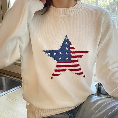 Image of Womens American Flag Sweater Long Sleeve Crew Neck Star Graphic Knit Pullover Tops Casual Loose USA Sweater