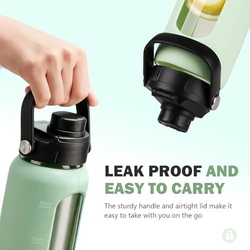 Image of 32 oz Glass Water Bottle with Straw - 2 Lids (Bamboo & Spout Lid), 1L Motivational Borosilicate Glass Daily Water Intake Bottle with Time Marker, Silicone Sleeve for Home Office-Light Green