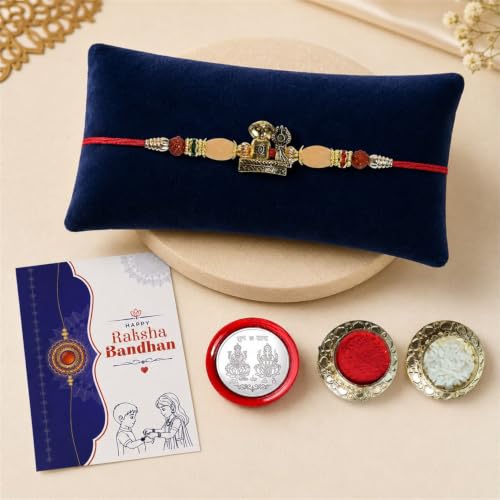 Image of Oblivion Rakhi For Brother - Elegant Stylish God Designer Rakhi with Beads and Silver Colour Pooja Coin, Tilak Set & Greeting Card - Traditional Raksha Bandhan Combo for Bhai