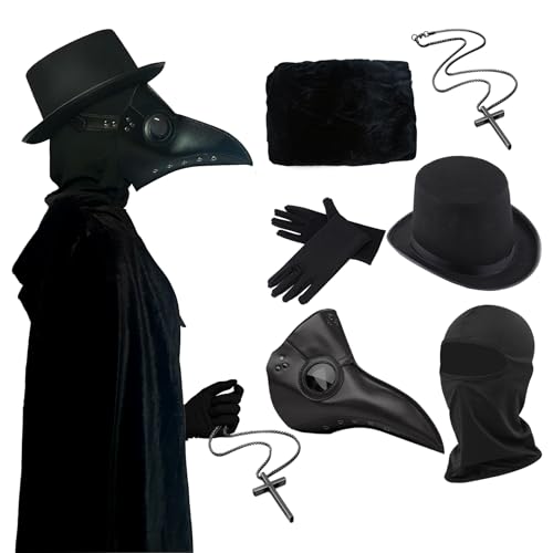 [GADNOZEL] ペストマスク ハロウィン 仮面 6点セット ハロウィン マント カラスマスク 目出し帽 シルクハット 十字架 グローブ ハロウィン コスチューム セット 仮装 怖い マスク 大人用 halloween mask 文化祭 学園祭 パーティー お祭り コスプレ