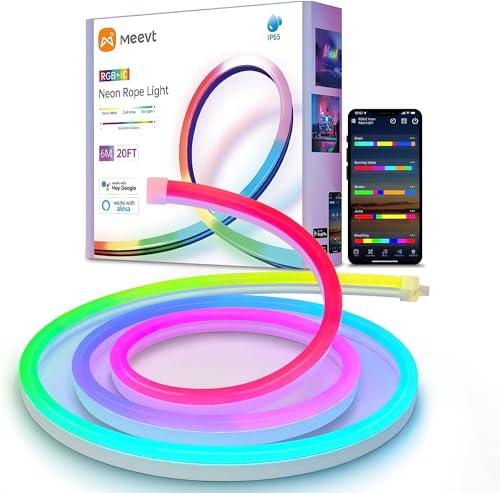 MMEEVT RGB+IC Neon Rope Light 20FT, Multi Mode Color-Changing, APP/Remote Control, Flexible Cuttable LED Rope Light for Bedroom Gaming Room Indoor Outdoor Christmas Decor