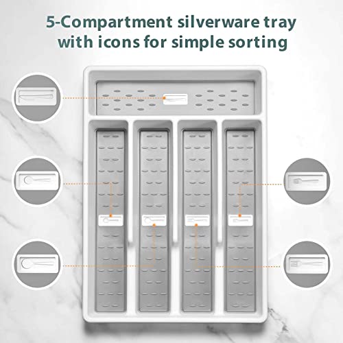 Joequality-Silverware-Organizer-with-IconsPlastic-Cutlery-silverware-Tray-for-DrawerUtensil-Flatware-Tableware-Organizer-for-Kitchen-with-Non-slip-TPRFits-Standard-Drawer5-CompartmentGrey