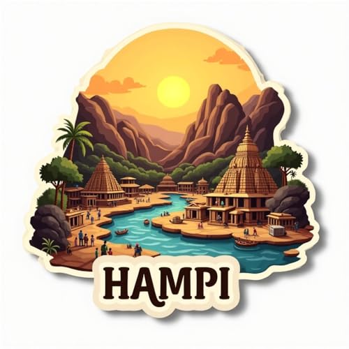 Image of Naxon Hampi City Theme Souvenir Wooden Fridge Magnet | Vijayanagara Ruins & Virupaksha Temple Design 3x3 Inch Refrigerator Magnet for Kitchen & Home Decor | Travel Gift from Hampi | Pack of 1