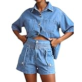 Style : doux et frais Generisch Ensemble de jeans pour femme - 2 pièces - Manches courtes - Chemise en jean et short avec boutons - Combinaison de jogging élégante - Tenue de sport - Survêtement décontracté en denim, bleu