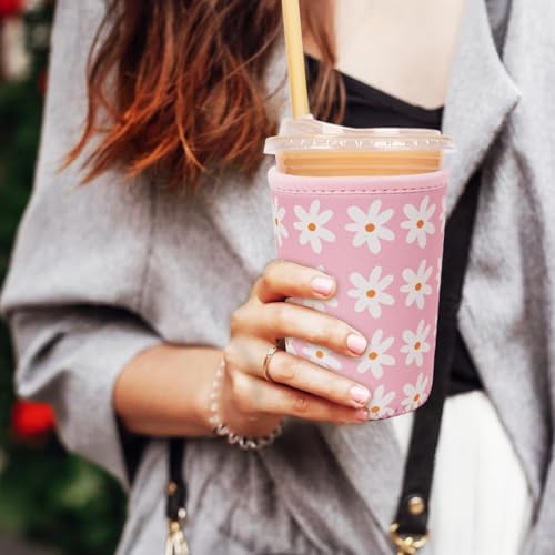 Image of Reusable Insulated Neoprene Iced Coffee Cup Sleeve, Durable Drink Sleeve for Cold Beverages, Beverage Holder for Iced Coffee (Pink Daisies)