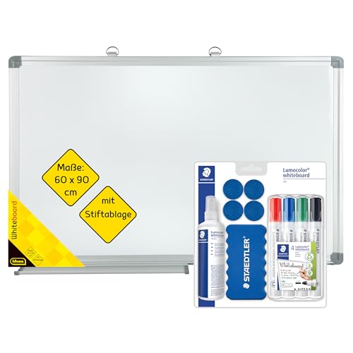 Idena 90881 - Whiteboard mit Stiftablage, ca. 90 x 60 cm, inkl. 4 STAEDTLER Whiteboard-Marker Lumocolor, Wischer, 250 ml Reinigungsspray & 4 Magnete