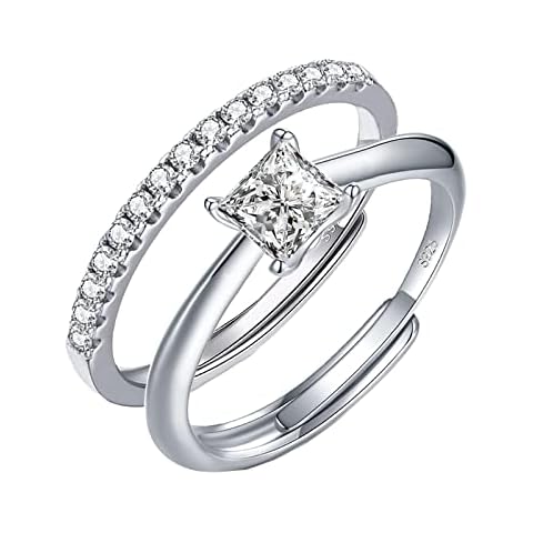 925 Sterling Silver Rings for Women Silver Cubic Zirconia Engagement Ring Set for Her Adjustable Promise Wedding Ring for Her Women Resizable Romantic Finger Diamond Ring for Ladies Silver Ring Sets Cover