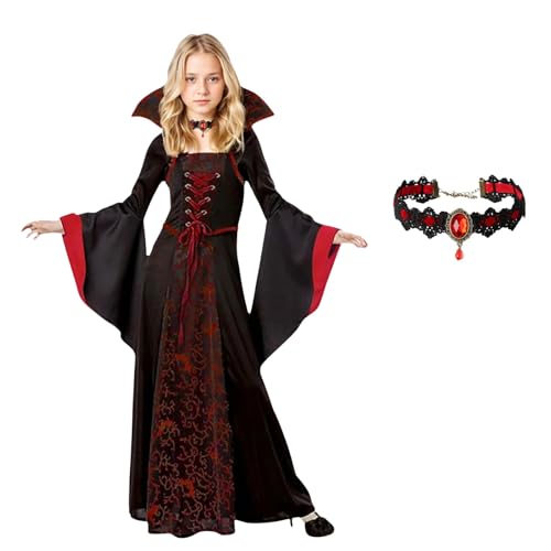 AQDJWHM Disfarce vampiro menina, disfarce de Halloween menina, vestido de Halloween para 6-15 anos estilo gótico medieval de rainha para carnaval e festa de disfarces (130)