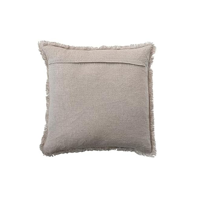 Creative Co-Op 20 Inches Square Stonewashed Linen Fringe, Natural Pillow
