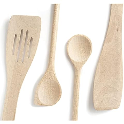 ⭐ Wooden Utensil Set - Kitchen Utensils Set - Useful and Complete Set - Beech Wood Quality - with 1 Gravy ladle of 35 cm, 1 Wide Slotted Spatula of 30 cm, 1 Beveled Spatula of 30cm, 1 Bakery Spatula Cover