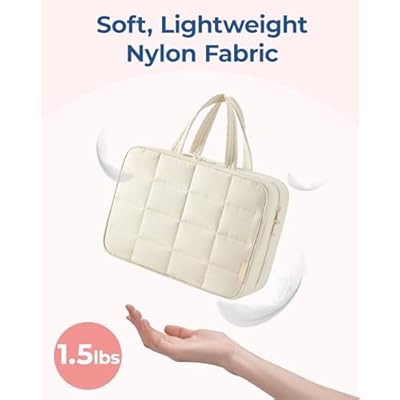 BAGSMART Travel Toiletry Bag with Jewelry Organizer, Hanging Travel Bag for Toiletries, Puffy Makeup Cosmetic Bag Organizer, Carry-on Travel Accessories Essentials, Beige-L