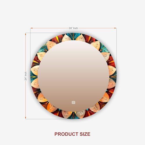 Image of NEVEX Glass Round 24x24 Inch Decorative Art Unique UV Printed Smart LED Mirror with 3 Color Lights (Warm White, Cool White & Natural White) | Fancy Wash Basin Wall Mirror for Modern Home Decor
