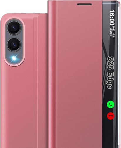 Étui Samsung S25 Edge 5G Clear View miroir rose avec support
