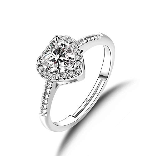 GEBSKI Elegant 925 Sterling Silver Heart-Shaped Cubic Zirconia Ring for Women, 14K White Gold Plated Adjustable Band, Sparkling Simulated Diamond Engagement Ring, Hypoallergenic Fine Jewelry for Her