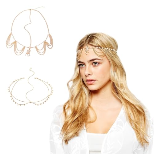 COYUN 2 Pcs Cadena de lentejuelas bohemias, cadenas de pelo doradas, Collar para el Cabello de Oro con Lentejuelas Cadena con Borlas para el Cabello, para disfraz de festival para mujer