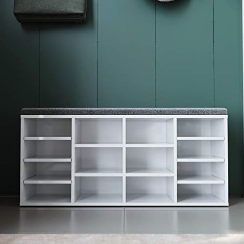 SUNXURY Schuhbank, Sitzbank, Schuhregal mit Sitzfläche, mit Kissen und 14 Fächern, Aufbewahrungsregal, für den Flur, Schlafzimmer, 103.5 x 30 x 48 cm, weiß Cover
