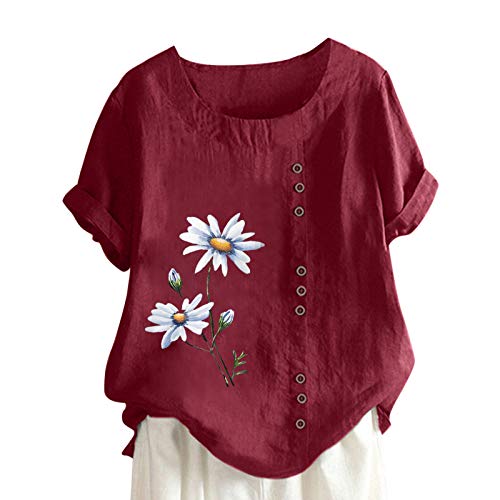 Cotton Linen Tops for Womens Floral Print Tee Shirt Short Sleeve Tshirt Button Crewneck Blouse Red