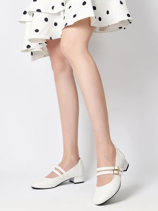 Mary Jane Shoes Women Double Straps 2 Inch Low Heels Dress Shoes Chunky Heels Closed Toe Pumps for Women Comfortable Dressy, PU White9 - Image 8