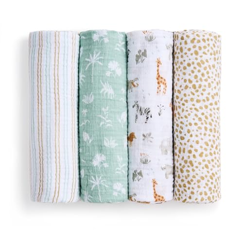 Image of aden + anais Essentials Cotton Muslin Swaddle, Breathable Baby Blanket, Ideal for Boys, Girls, Newborns, Babies & Infants, Receiving Blanket, Soft and Lightweight Wrap, 4 Pack, Giraffe Safari