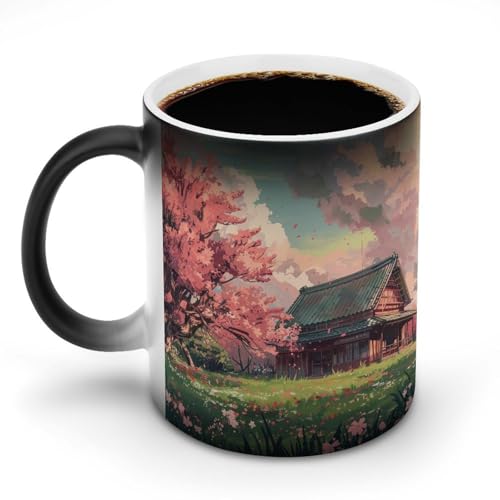 小さな家の外の芝生に桜の木が生えていますマグカップ 変色カップ 美しい自然の風景 油絵イラストアート コーヒーカップ 高級 おしゃれ 人気 誕生日プレゼント ギフト 贈り物 彼女 妻 友人 家族 愛する人への素敵なプレゼント バレンタインデー 結婚記念日