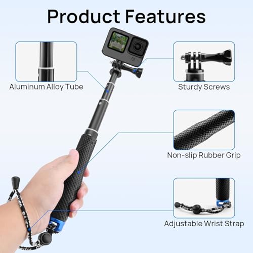 Image of GlasFlength Selfie Stick for GoPro Hero 12 11 10 9 8 Black, Telescopic Selfie Stick for Insta360 /X3 /One DJI Mini 3 Pro and Other Action Cameras (Aluminium Alloy)