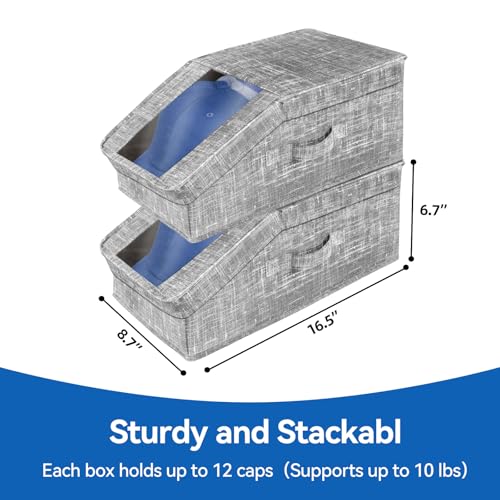 ComfortKeeper 3 Pcs Hat Storage Box for Baseball Caps, Foldable Hat Organizer for Closet Hold 12 Caps per Box, Stackable Dustproof Hat Container with Clear Window Lid, Cardboard, Gray - Thumbnail 5