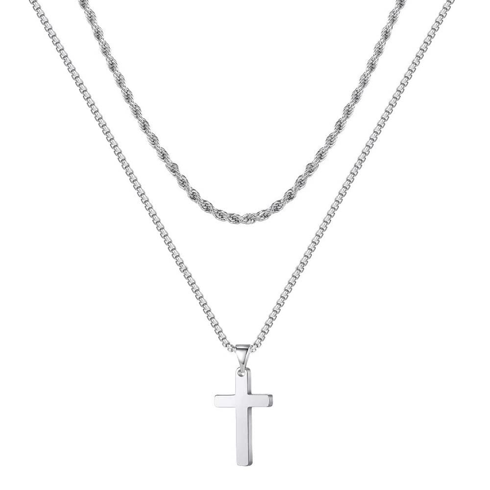 sannidhi 2Pcs Classic Cross Necklaces Set Cross Pendant Necklace for Men Women Double Layered Electroplated Titanium Steel Chain Necklace with Flannel Bag-picture-35